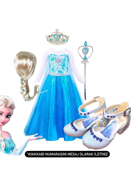 Karlar Ülkesi Peruklu Elsa Elbise Kostüm Takımı - Elsa Tasarım Topuklu Ayakkabı