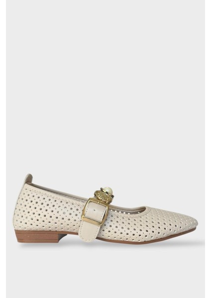 Kadın Inci ve Mühür Aksesuar Bantlı Babet Krem - Altın