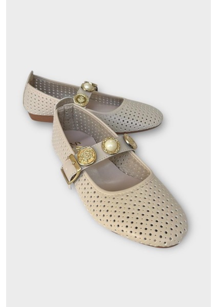 Kadın Inci ve Mühür Aksesuar Bantlı Babet Krem - Altın fiyatları