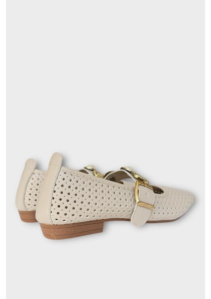 Kadın Inci ve Mühür Aksesuar Bantlı Babet Krem - Altın fırsatları