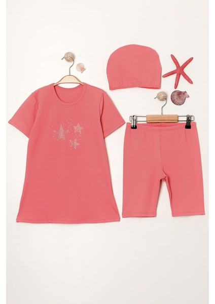 Yıldız Taş Detaylı Kız Çocuk Üçlü Set Mayo