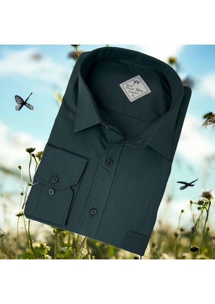 Linen Keten Klasik %100 Cotton Uzun Kollu Terletmeyen Koyu Yeşil Gömlek (Regular Kalıp)