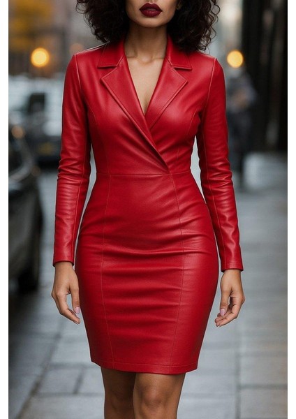 Kadın Uzun Kollu Yakalı Mini Deri Elbise