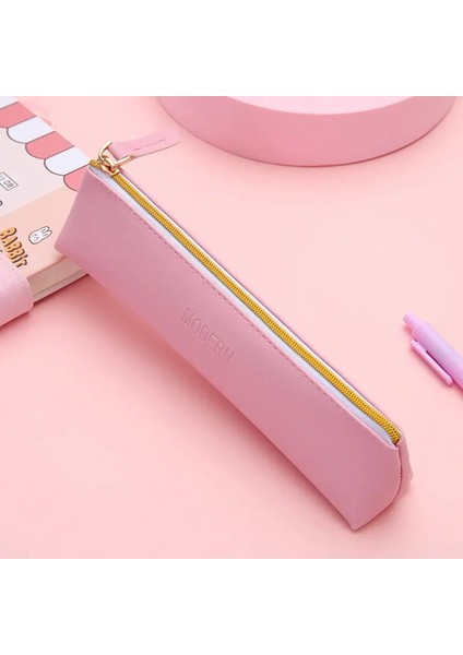 Yeni Pu Deri Fermuar Kalem Pencil Çanta Basit Vintage Renk Kılıfı Depolama Çantası Kalem Kırtasiye Okulu Mini Kalemleri Bagcolor: Pembe (Yurt Dışından)