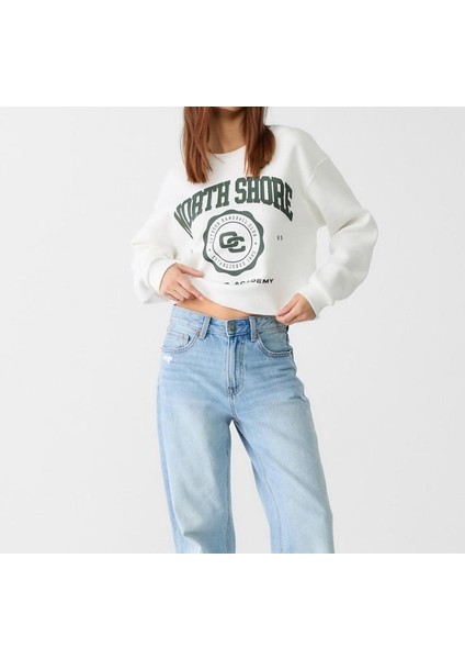Beyaz Baskılı Crop Sweatshirt fiyatları