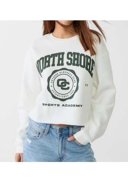 Beyaz Baskılı Crop Sweatshirt modelleri