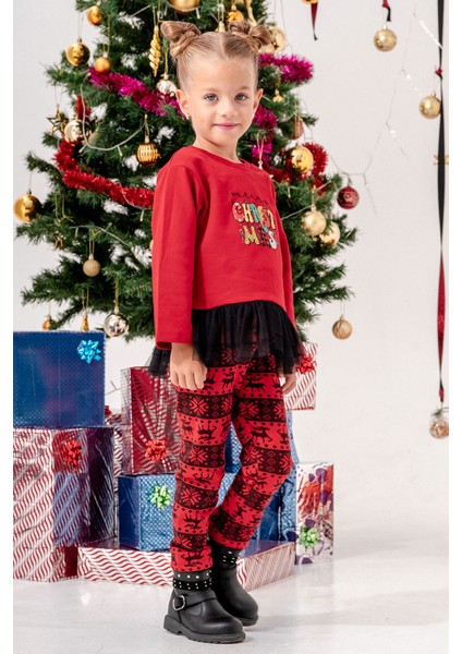 Yılbaşı Desenli Tül Detaylı Taytlı Kız Çocuk Noel Takım fiyatları