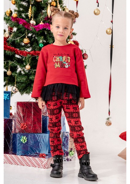 Yılbaşı Desenli Tül Detaylı Taytlı Kız Çocuk Noel Takım modelleri