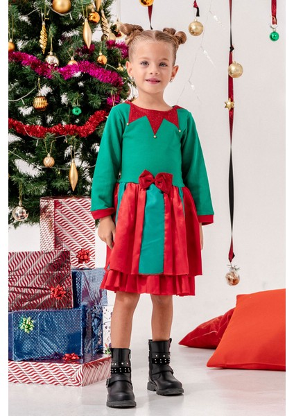 Fiyonk Detaylı Palyaço Yakalı Kız Çocuk Noel Elbise