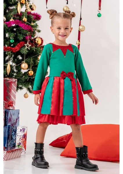 Fiyonk Detaylı Palyaço Yakalı Kız Çocuk Noel Elbise fiyatları