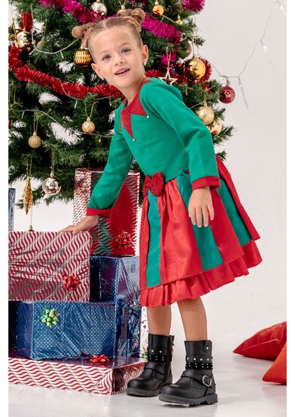 Fiyonk Detaylı Palyaço Yakalı Kız Çocuk Noel Elbise modelleri