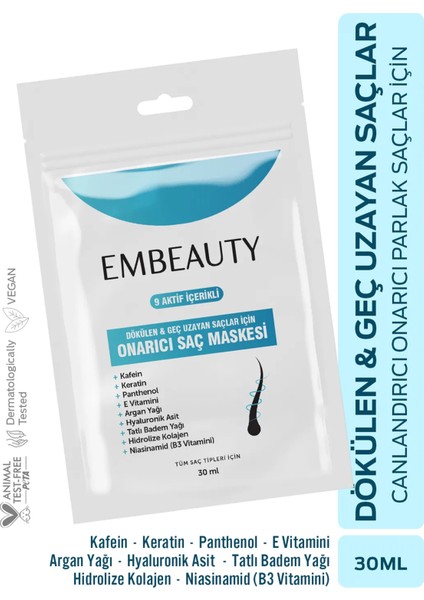Yoğun Nemlendirici ve Onarıcı Saç Maskesi – 9 Aktif Bileşen, Kafein, Keratin, Argan Yağı, Yıpranmış ve Dökülen Saçlar, 30 ml