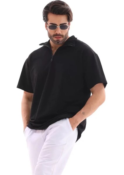 Unisex Yarım Fermuarlı Düz Oversize T-Shirt - Siyah modelleri