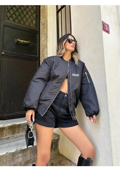 Unisex Uzun Kol Baskılı Bomber Ceket - Siyah fiyatları