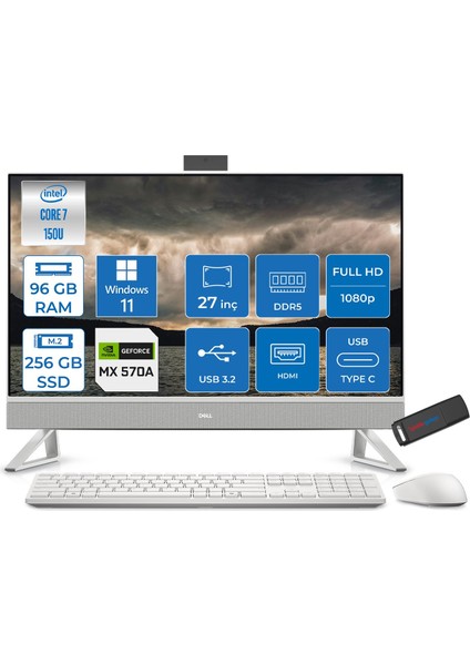 27 All-In-One Intel Core 7 150U 96GB Ddr5 256GB SSD Windows 11 Pro 2gb MX570A 27 Inç Fullhd Wva Dokunmatik All In One Bilgisayar EC27250P36 + Zetta Flash Bellek