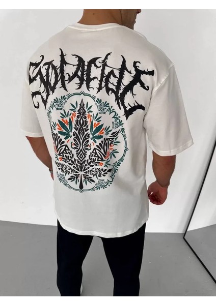 Unisex Bisiklet Yaka Baskılı Oversize T-Shirt - Beyaz fiyatları