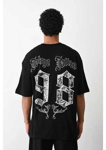 Unisex Baskılı Oversize T-Shirt - Siyah