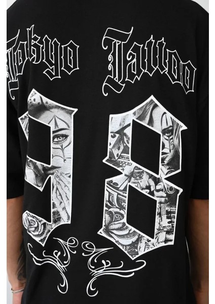 Unisex Baskılı Oversize T-Shirt - Siyah fırsatları