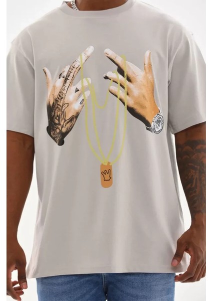 Unisex Baskılı Oversize T-Shirt - Gri