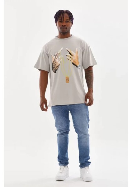 Unisex Baskılı Oversize T-Shirt - Gri fırsatları