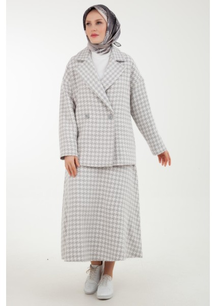 ARMİNE TREND Kaz Ayağı Desenli Ceket ve Etekli İkili Takım-Gri 23KT616