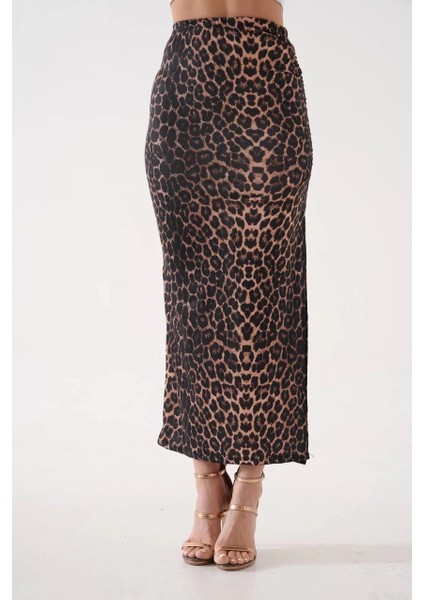 Uzun Yırtmaçlı Ince Kumaş Etek Leopar