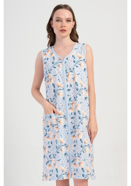 Kadın Mavi Renk Sıfır Kollu Fermuarlı V Yaka Cepli Çiçek Desenli Ev Elbisesi C4T9N1904