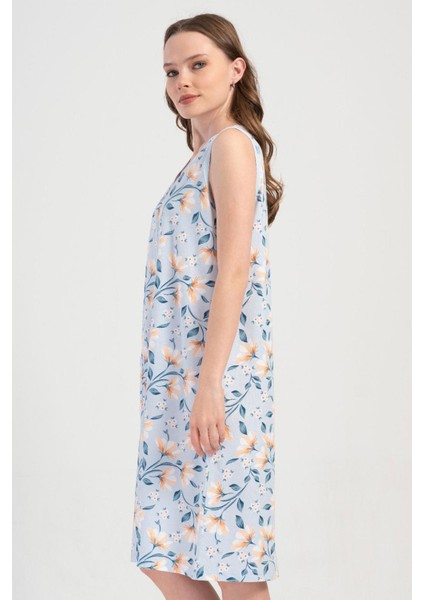 Kadın Mavi Renk Sıfır Kollu Fermuarlı V Yaka Cepli Çiçek Desenli Ev Elbisesi C4T9N1904 modelleri