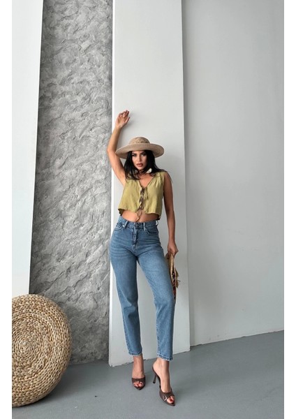Mom Fit Bıyık Kar Yıkama Jeans Pantolon Koyu Mavi D2006
