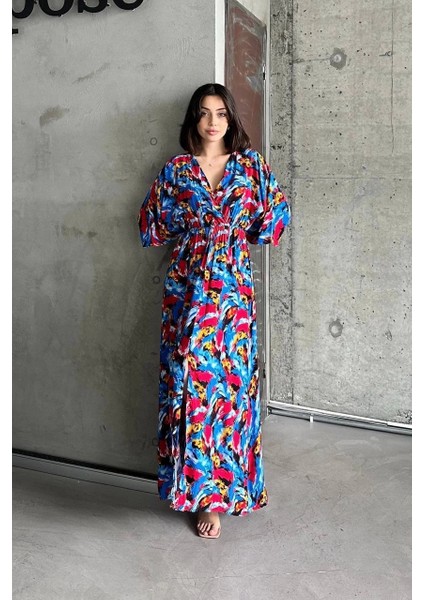 Dokuma Baskılı Yarasa Kol Elbise S8124