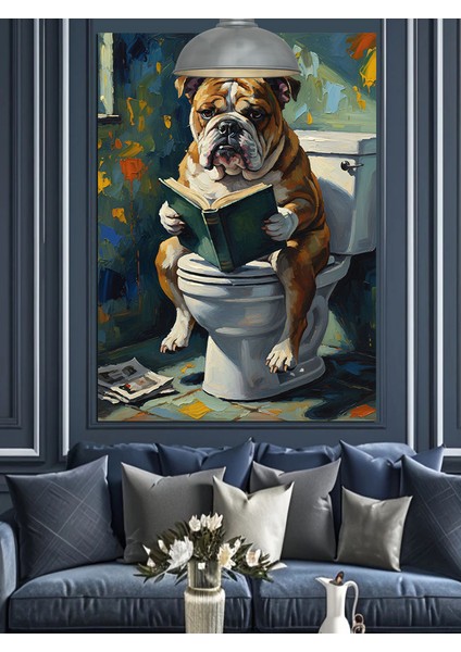 Tuvalette Kitap Okuyan Bulldog Dekoratif Kanvas - Mdf Ahşap Tablo