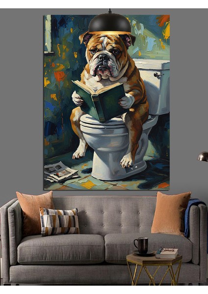 Tuvalette Kitap Okuyan Bulldog Dekoratif Kanvas - Mdf Ahşap Tablo fiyatları