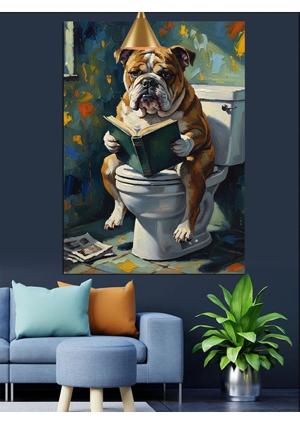 Tuvalette Kitap Okuyan Bulldog Dekoratif Kanvas - Mdf Ahşap Tablo modelleri