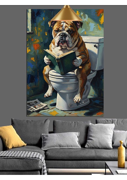 Tuvalette Kitap Okuyan Bulldog Dekoratif Kanvas - Mdf Ahşap Tablo indirimleri