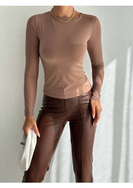 Tül Kollu Bluz Vizon F2252 modelleri
