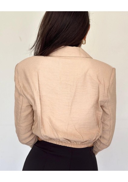 Bej Vatkalı Beli Lastikli Göğüs Dekolteli Şık Ceket Bluz fiyatları