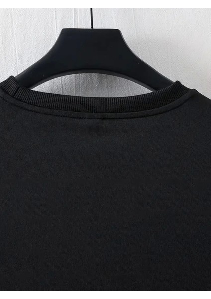 Baskılı Oversize Bisiklet Yaka T-Shirt - Siyah modelleri