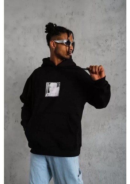 Erkek Ön Arka Baskılı Kapşonlu Sweat - Siyah