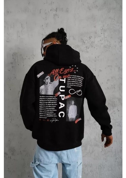 Erkek Ön Arka Baskılı Kapşonlu Sweat - Siyah indirimleri