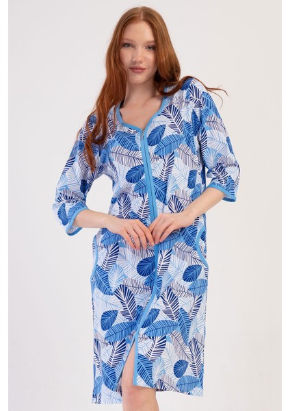 Kadın Büyük Beden Mavi Renk V Yaka Kapri Kol Fermuarlı Cepli Rahat Kesim Ev Elbisesi C3T5N1804