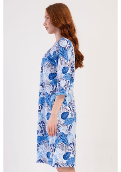 Kadın Büyük Beden Mavi Renk V Yaka Kapri Kol Fermuarlı Cepli Rahat Kesim Ev Elbisesi C3T5N1804 modelleri