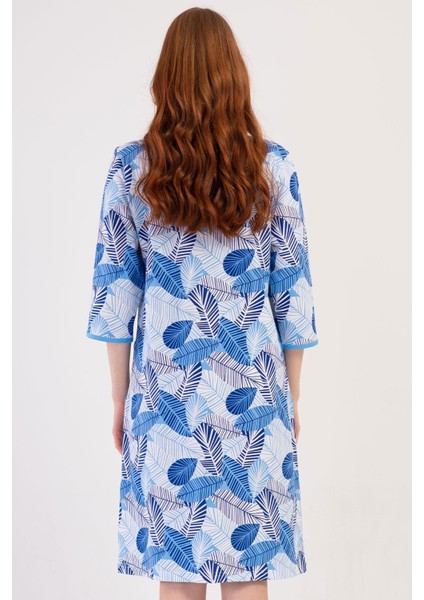 Kadın Büyük Beden Mavi Renk V Yaka Kapri Kol Fermuarlı Cepli Rahat Kesim Ev Elbisesi C3T5N1804 fırsatları