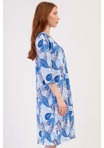 Kadın Büyük Beden Mavi Renk V Yaka Kapri Kol Fermuarlı Cepli Rahat Kesim Ev Elbisesi C3T5N1804 fiyatları