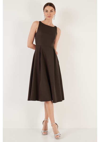 Regular Fit Bisiklet Yaka Cepli Pileli Midi Boy Elbise Bayan Elbise 6111963
