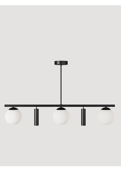 Siena Siyah Metal Gövdeli 5’li Modern Avize–3 Beyaz Cam Küre ve 2 Spot Işıklı Dekoratif Aydınlatma fiyatları