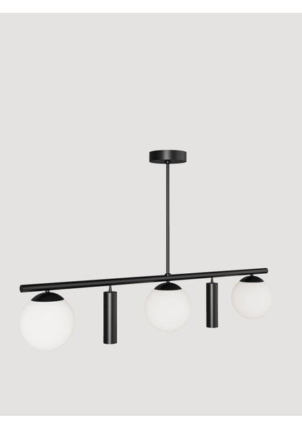 Siena Siyah Metal Gövdeli 5’li Modern Avize–3 Beyaz Cam Küre ve 2 Spot Işıklı Dekoratif Aydınlatma modelleri