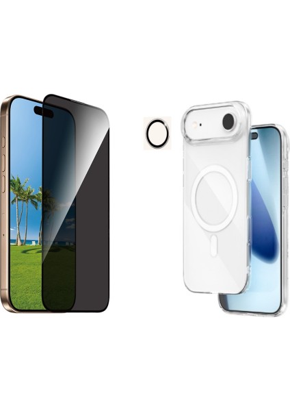 Iphone 17 Air Şeffaf Mika Magsafe Kılıf + Antistatik Hayalet Ekran Koruyucu + Kamera Koruyucu Gümüş