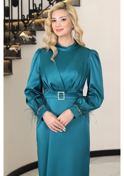 Lara Saten Kemerli Tesettür Abiye Zümrüt fiyatları