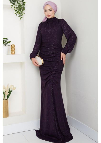 Rüya Puantiyeli Tesettür Abiye Mürdüm