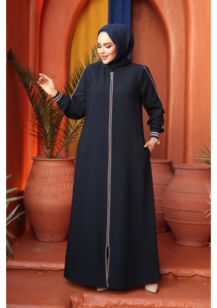 Fermuarlı Lacivert Tesettür Ferace 26381L